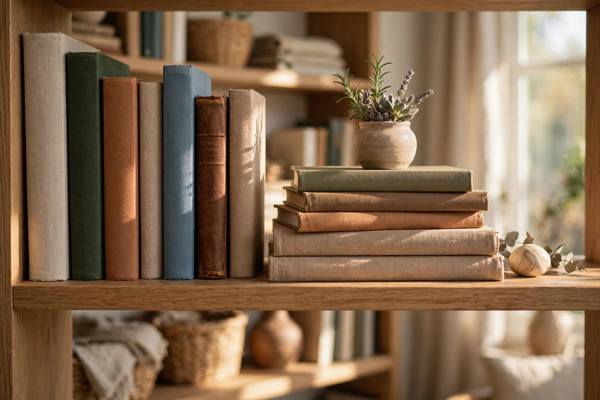 Bookcase Shelf With Mixed Vertical And Horizontal Book Stacks Topped By Small Object