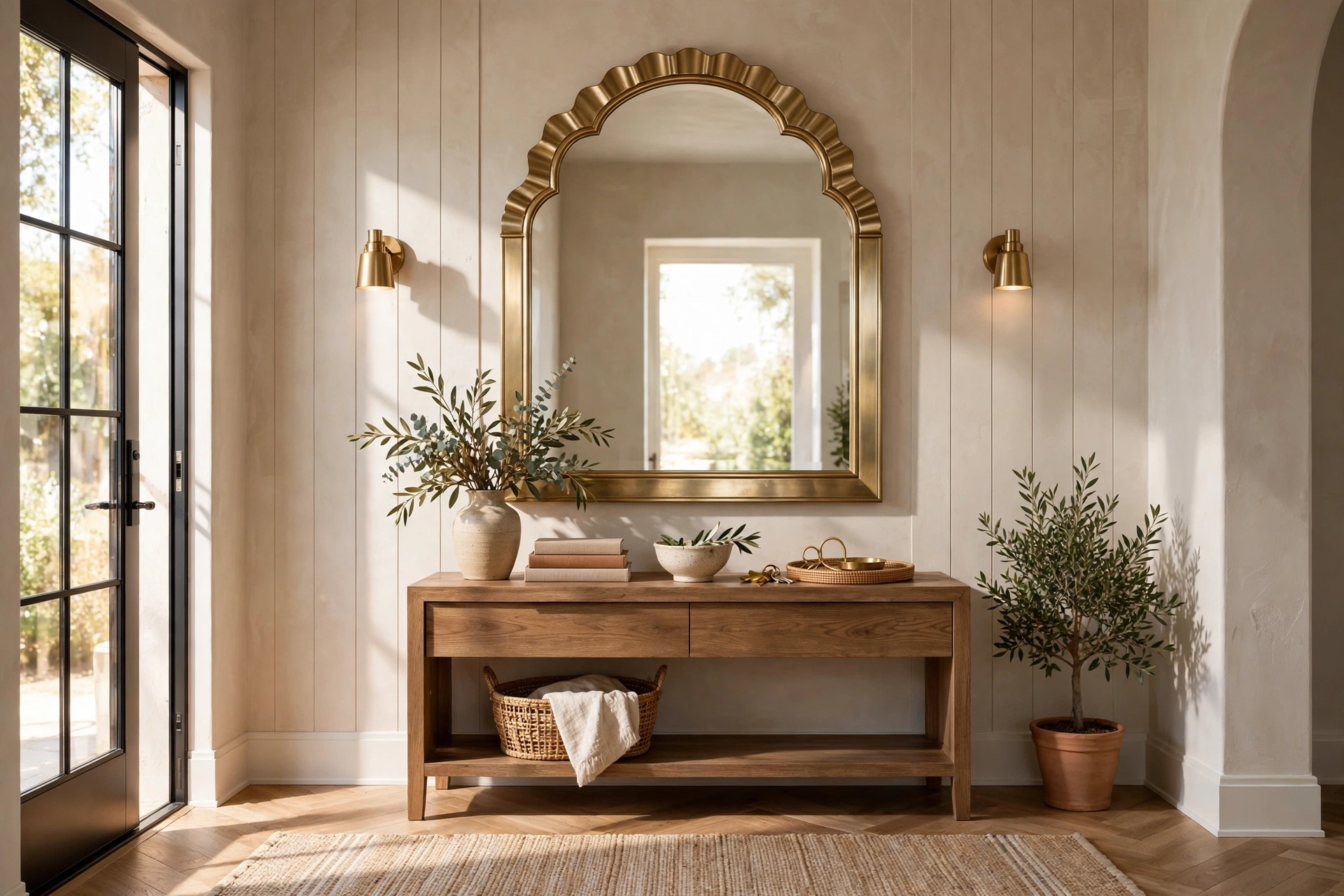 Statement Wall Mirror Above A Console Table In An Entryway