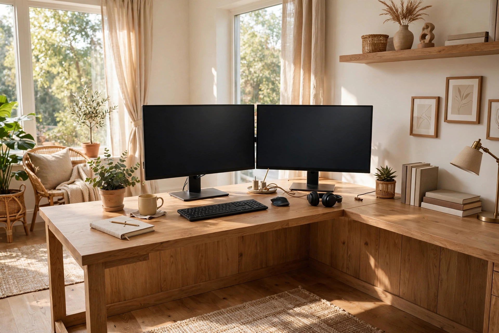 L Shaped Corner Desk With Dual Monitors In A Bright Home Office