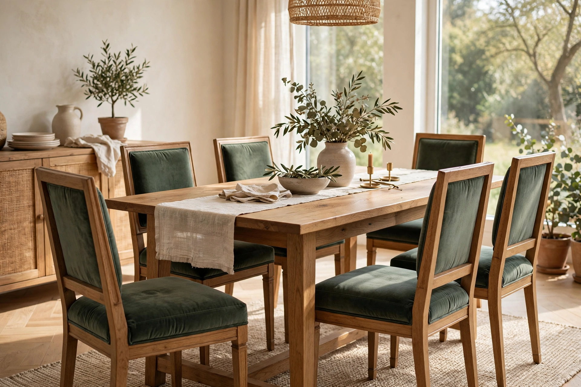 Upholstered Dining Chairs With Velvet Cushions Around a Table