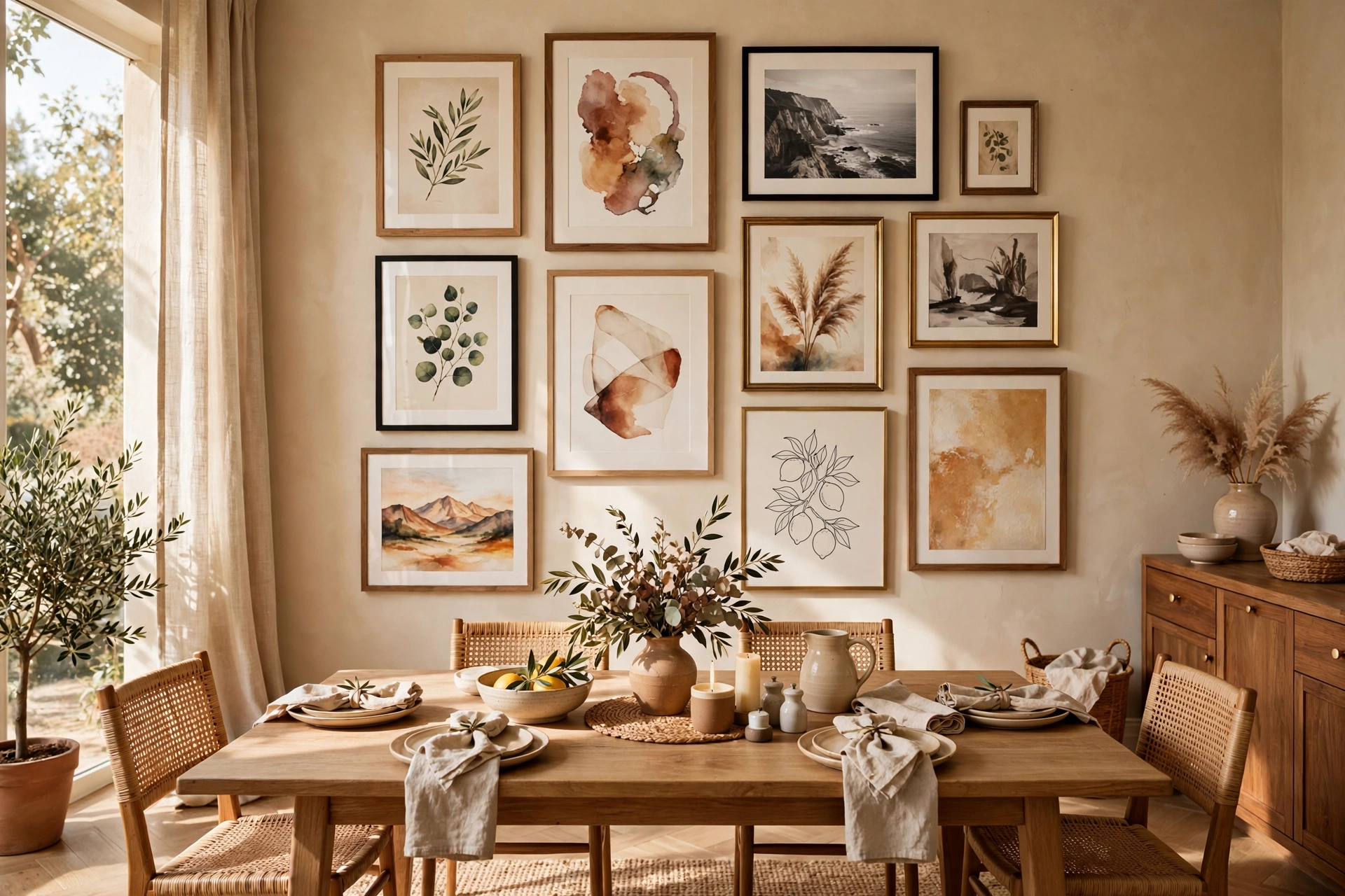 Gallery Wall of Framed Artwork in a Warm Dining Room