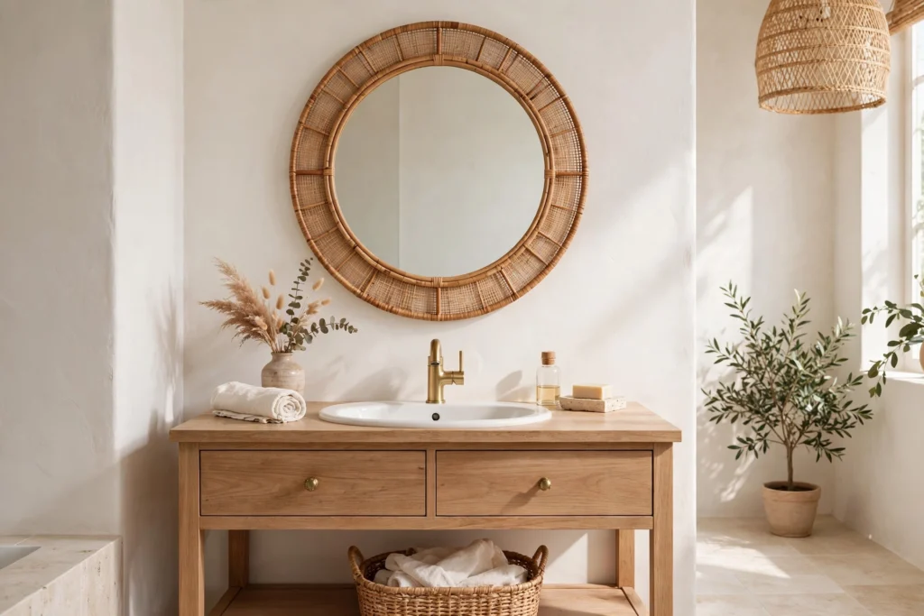 Round rattan-framed mirror above a wood vanity in a bright boho bathroom