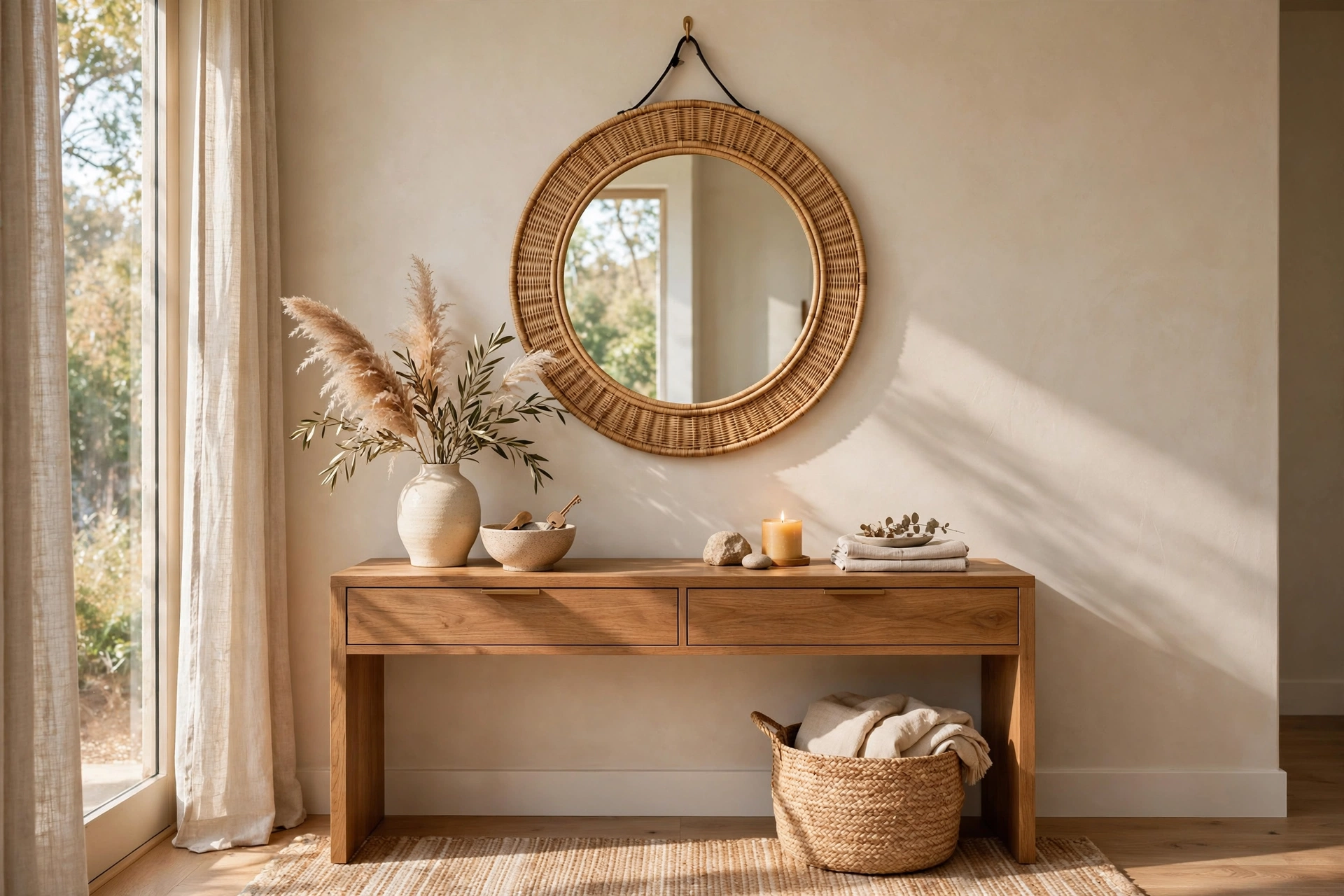 Round Mirror Hanging Above an Entryway Console Table