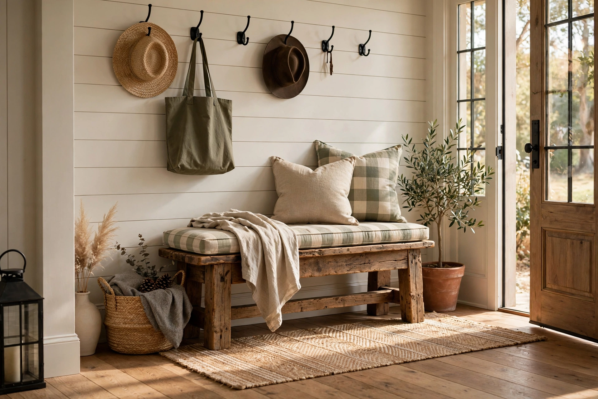 Rustic Wood Bench With Cushions in a Farmhouse Entryway