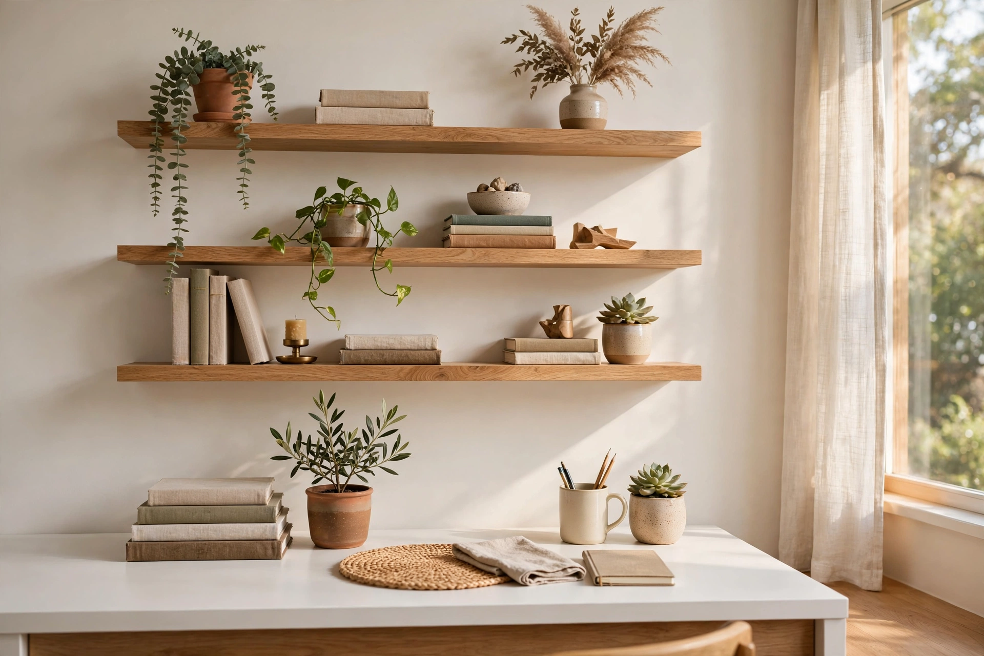 Floating Shelves Above A White Desk Styled With Books And Plants