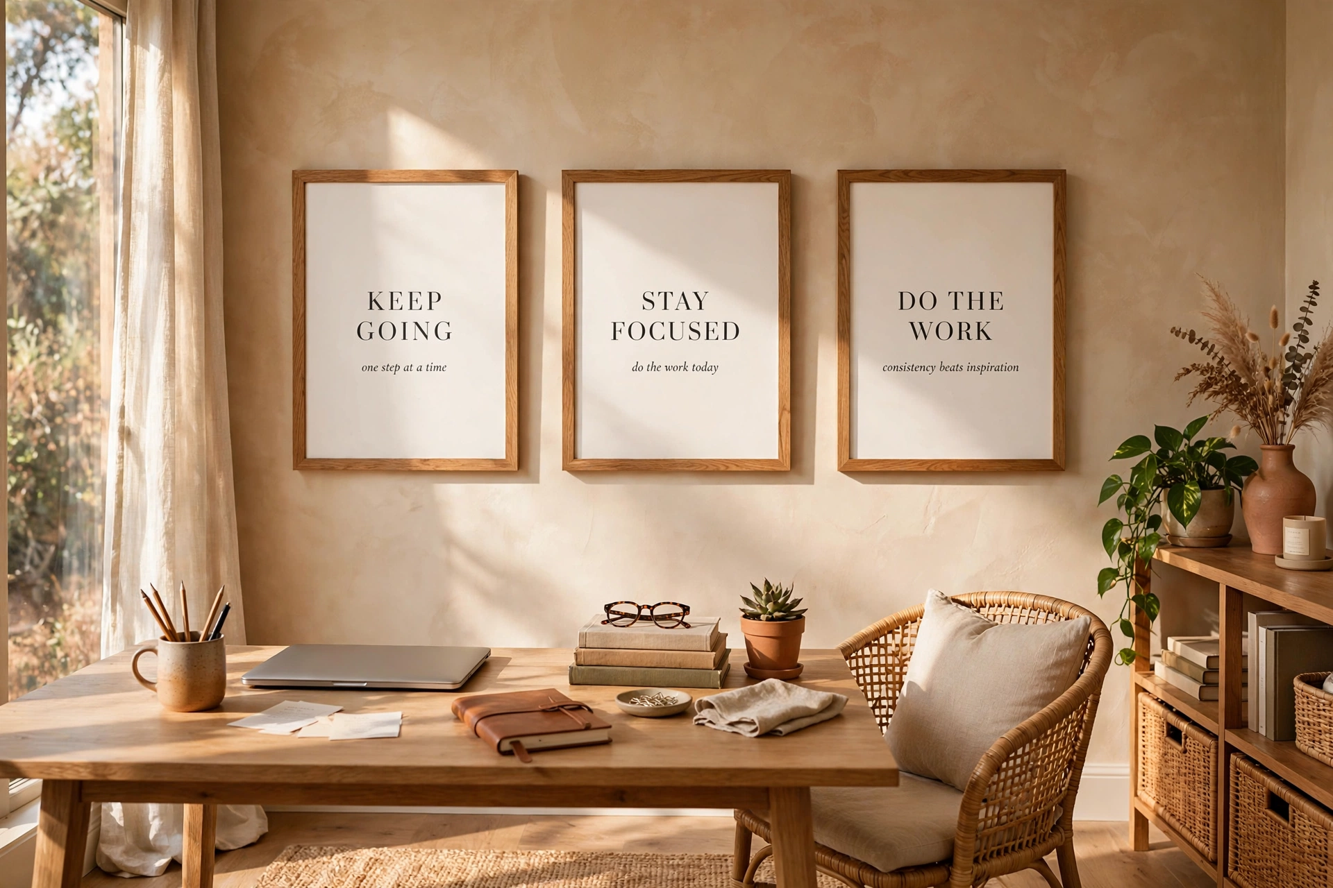 Home Office With Framed Motivational Quote Prints On Wall