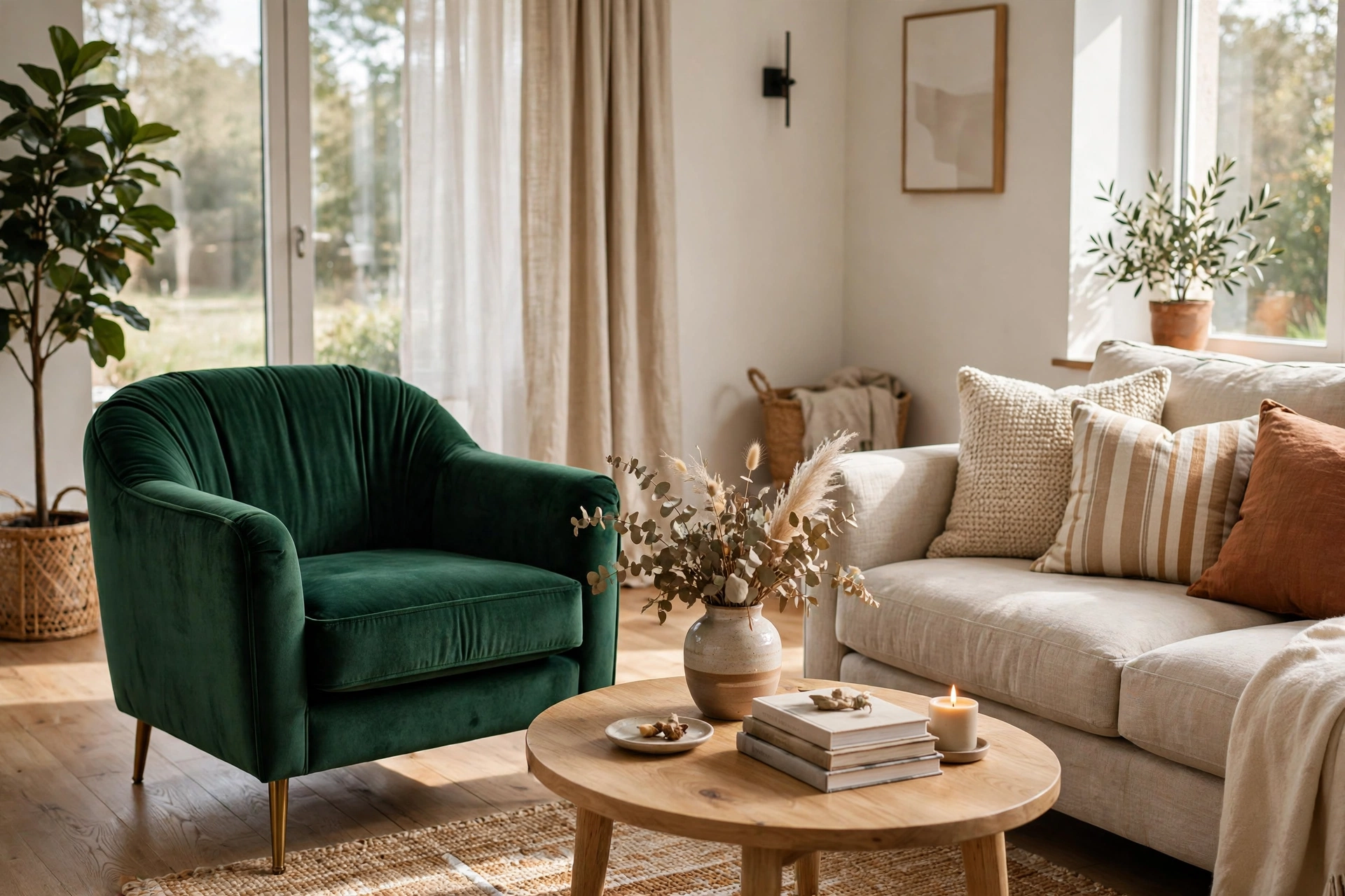 Emerald Green Velvet Armchair Beside A Living Room Sofa
