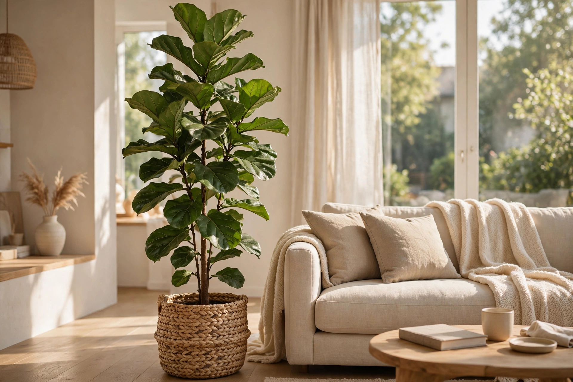 Tall Fiddle Leaf Fig Tree In A Woven Basket Beside A Sofa