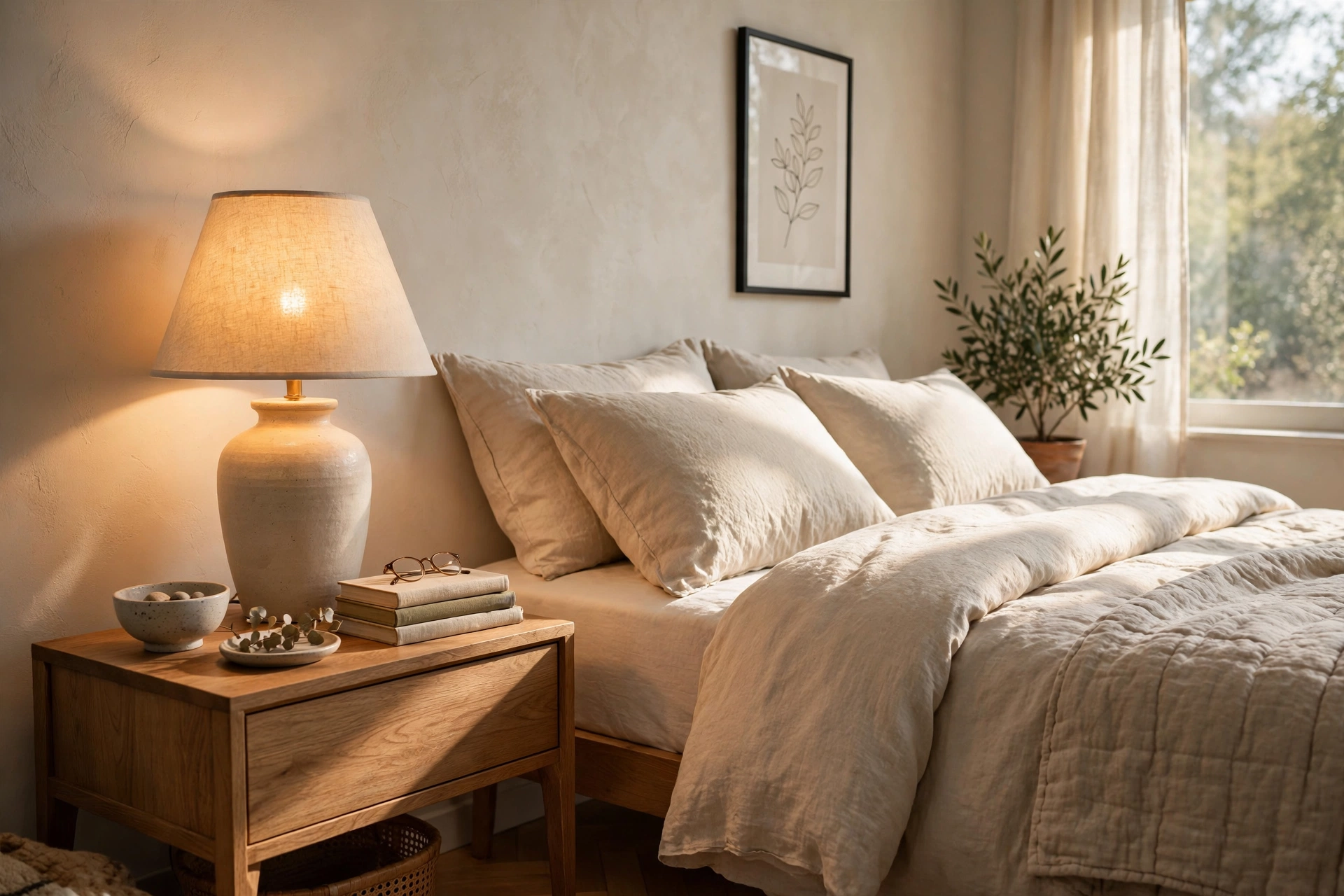 Table Lamp On Nightstand Beside Bed With Warm Glow