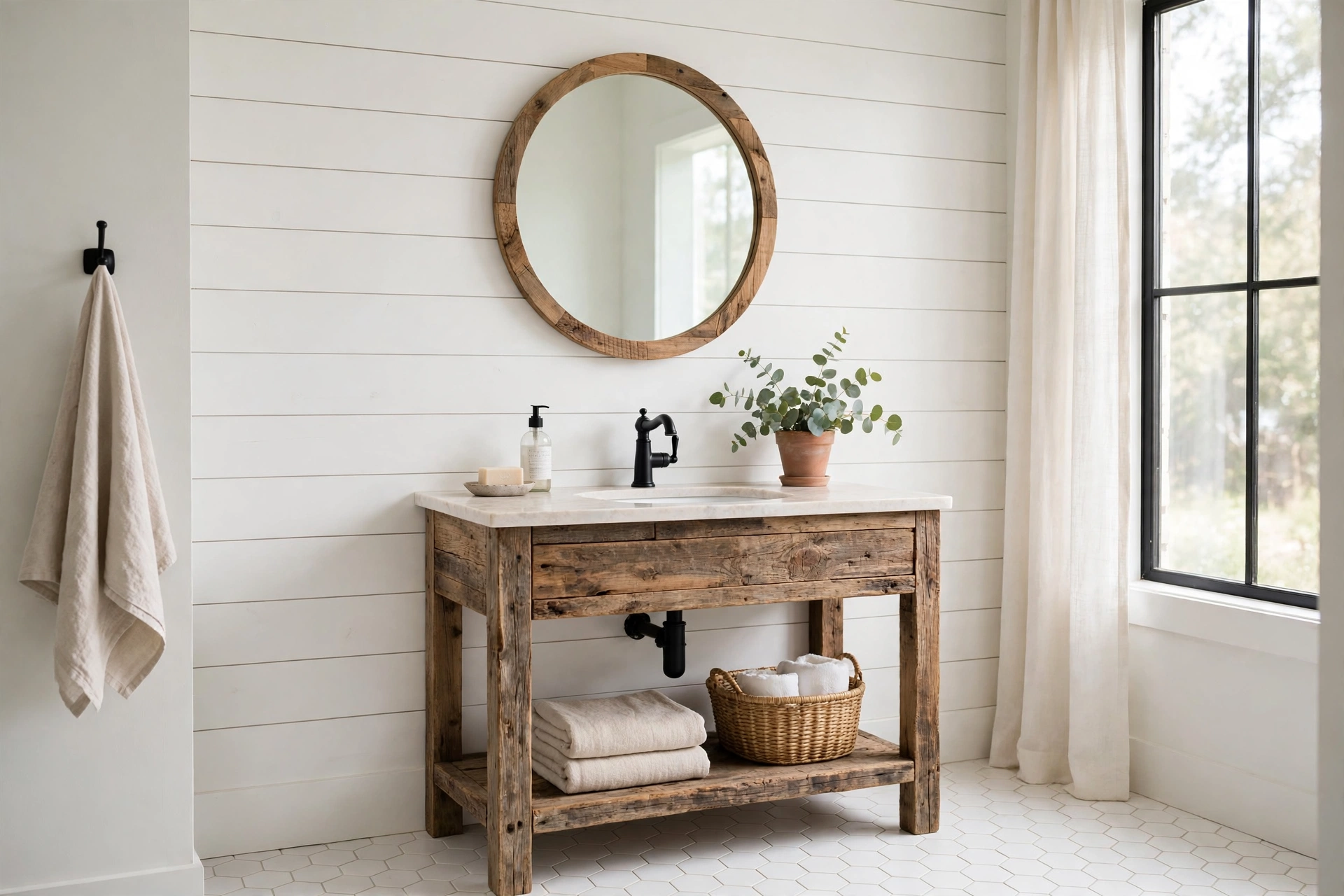 White shiplap accent wall behind a reclaimed wood vanity in a farmhouse bathroom
