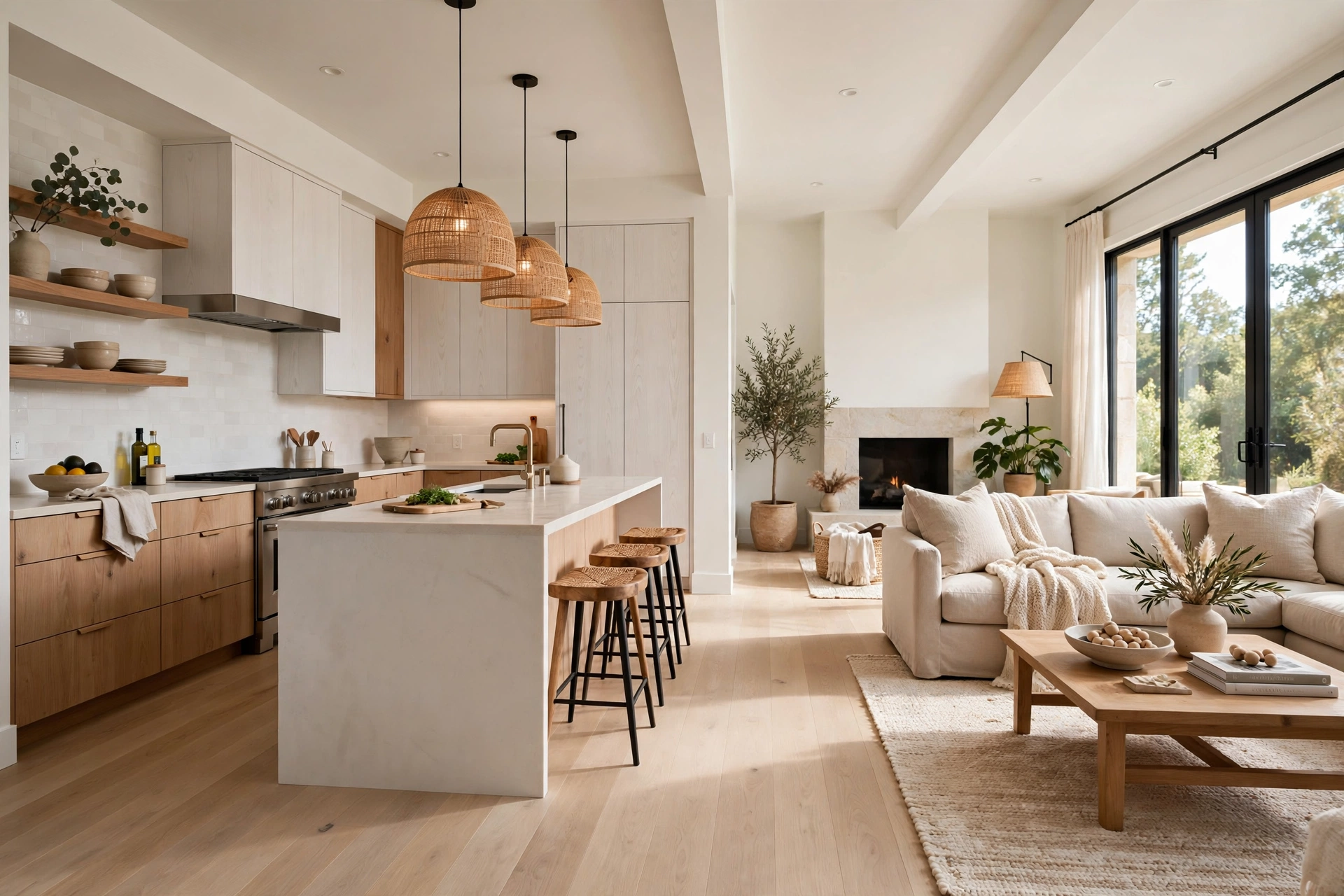 Open Concept Kitchen With White Oak Floors Flowing Into Living Room