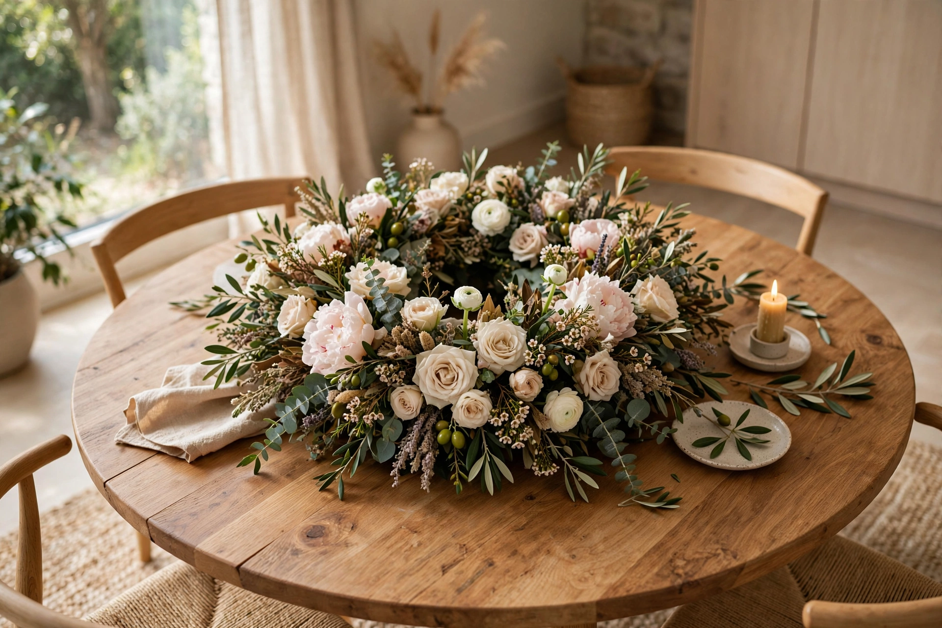 Round Floral Centerpiece on a Round Wooden Dining Table