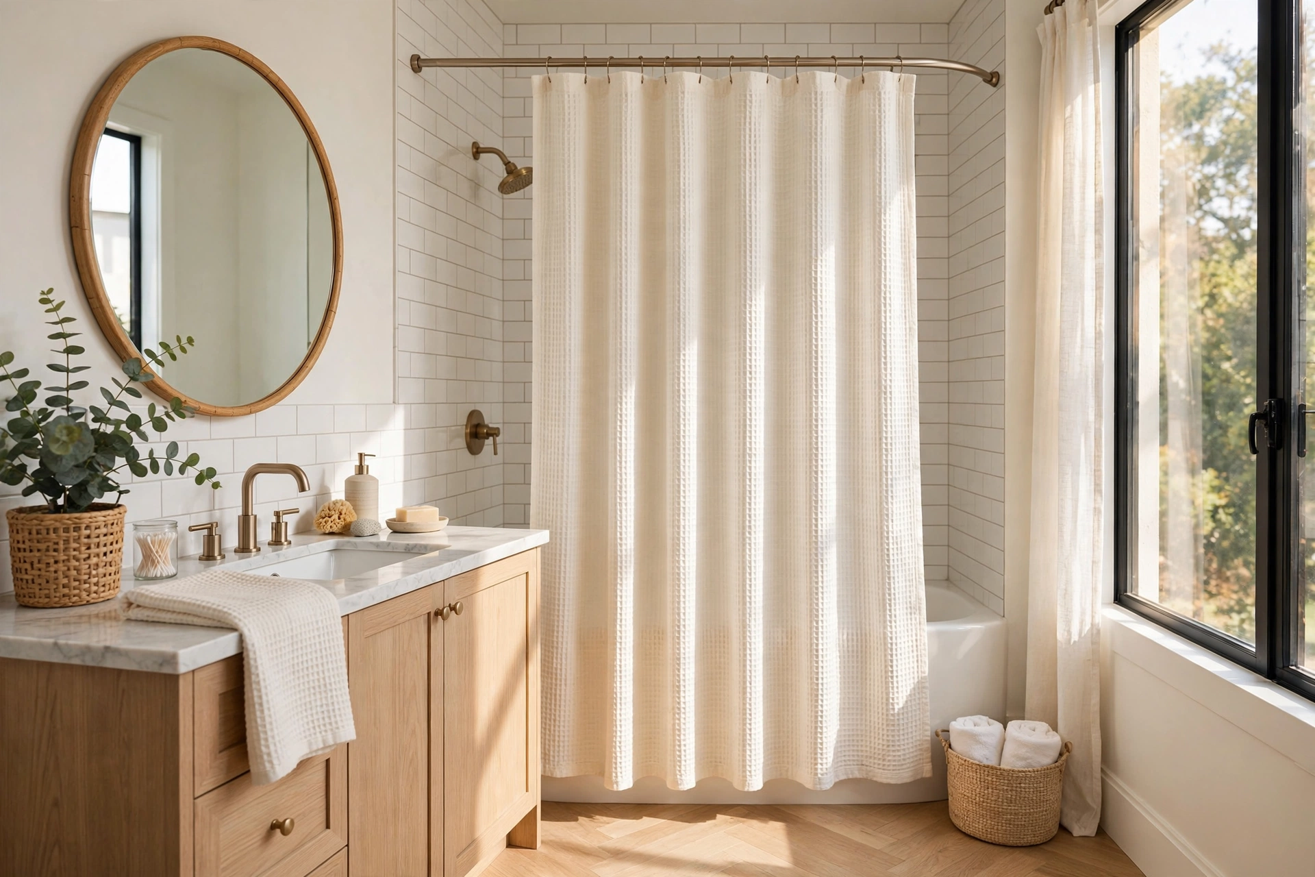 Cream Waffle Weave Shower Curtain In Bright Bathroom