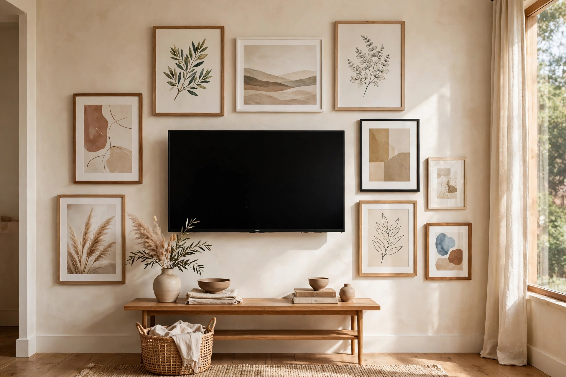 Gallery Wall Of Framed Art Arranged Around A Mounted TV