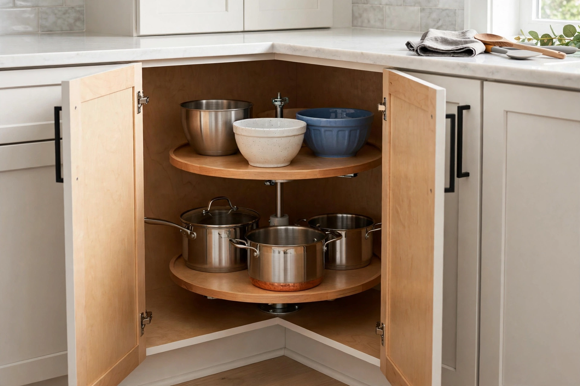 Two Tier Lazy Susan Inside Kitchen Corner Cabinet