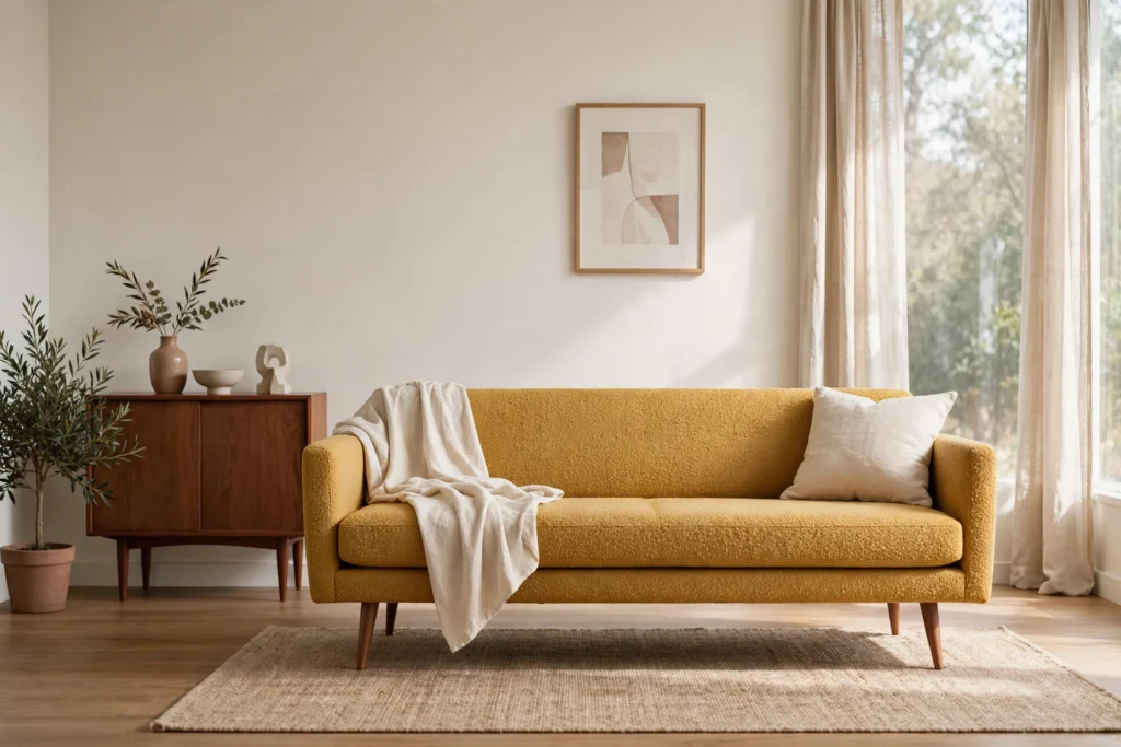 Low tapered-leg sofa in mustard bouclé with walnut legs in a mid-century living room