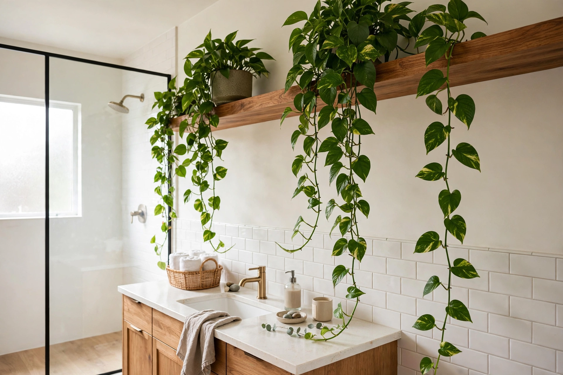 Pothos Plant Trailing From High Bathroom Shelf