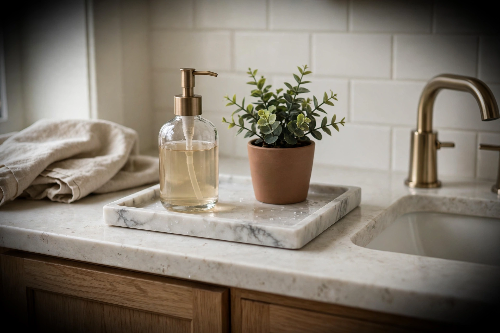Beautiful Tray As Styling Base On Bathroom Sink