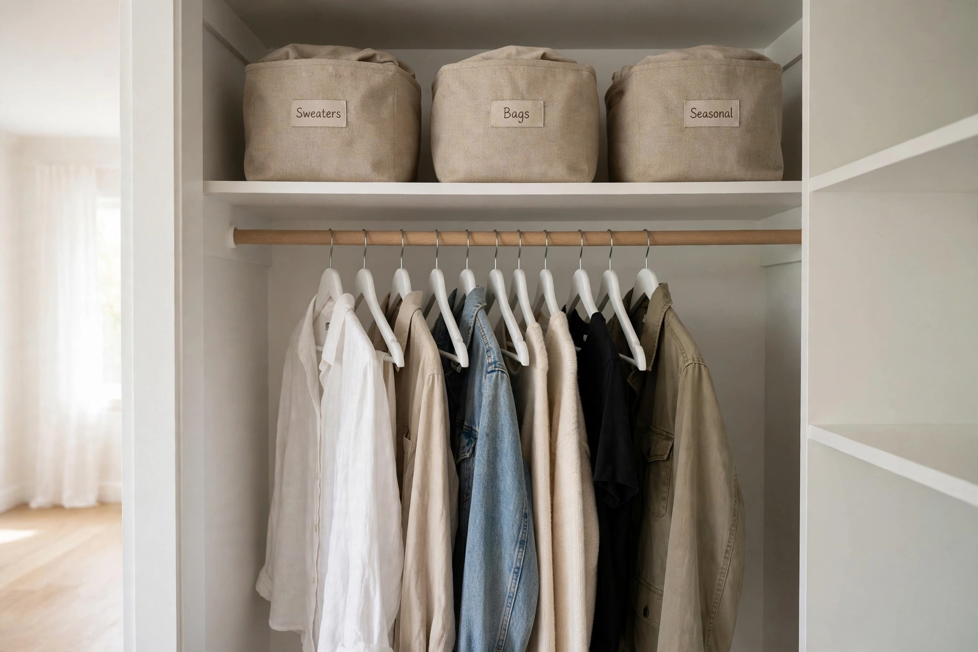 Tidy Decluttered Reach In Bedroom Closet With Labeled Bins
