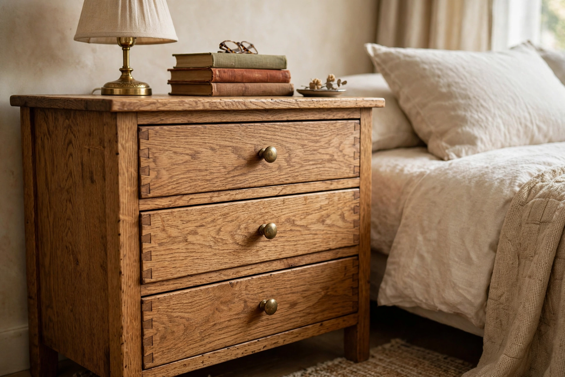 Classic Wooden Nightstand With Timeless Appeal Beside A Bed