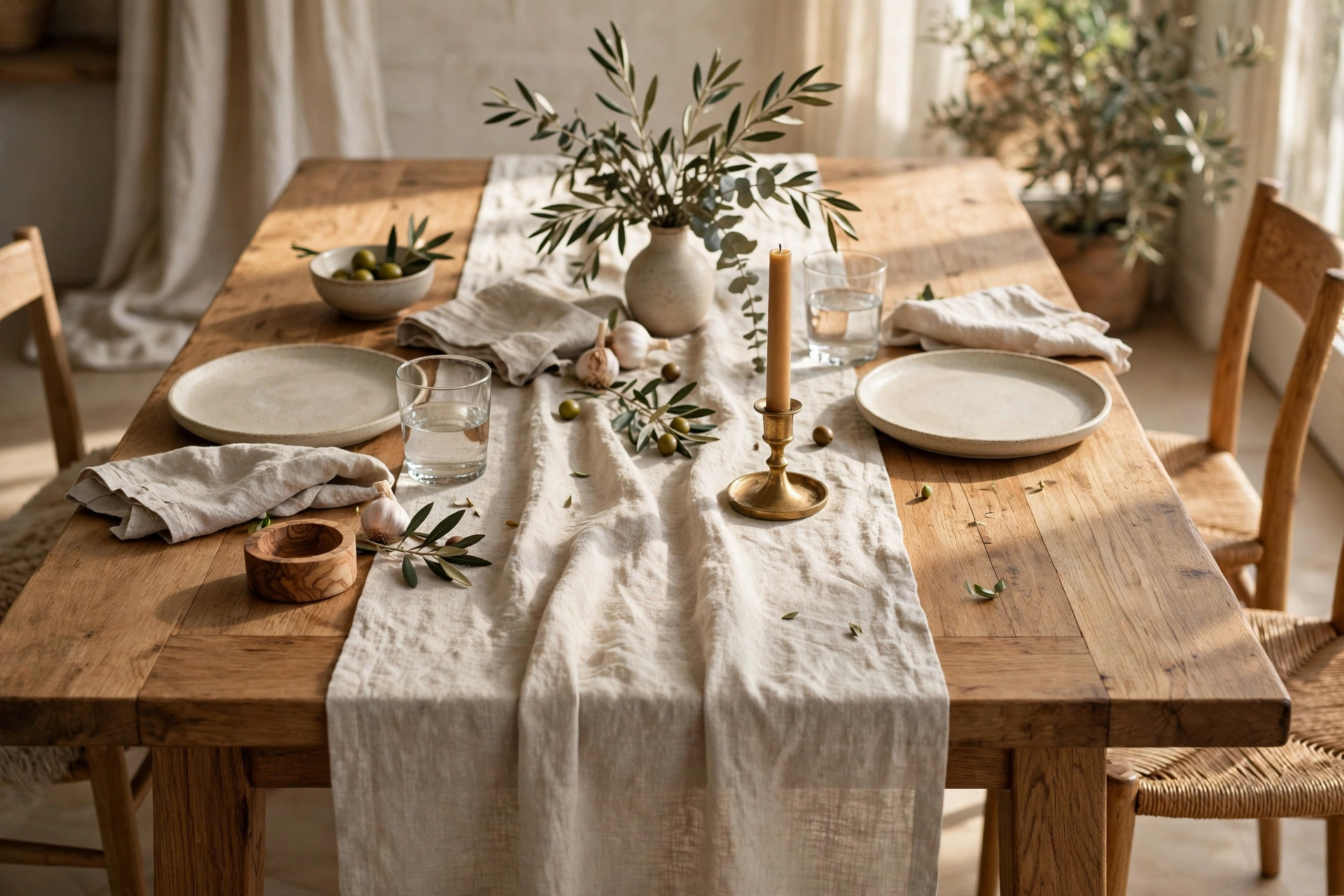 Dining Table With Natural Linen Table Runner
