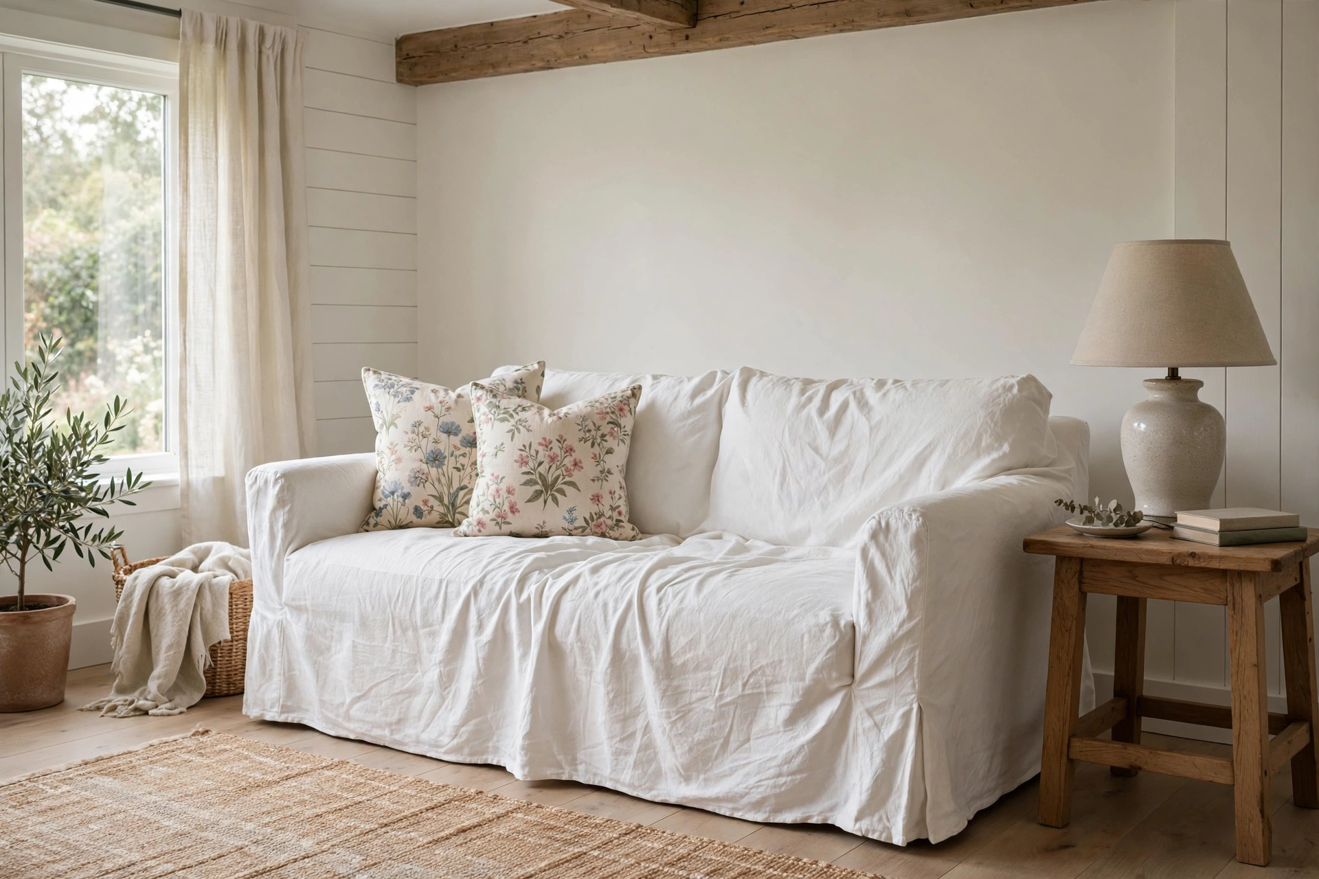 White slipcovered sofa with floral throw pillows in a bright cottage living room