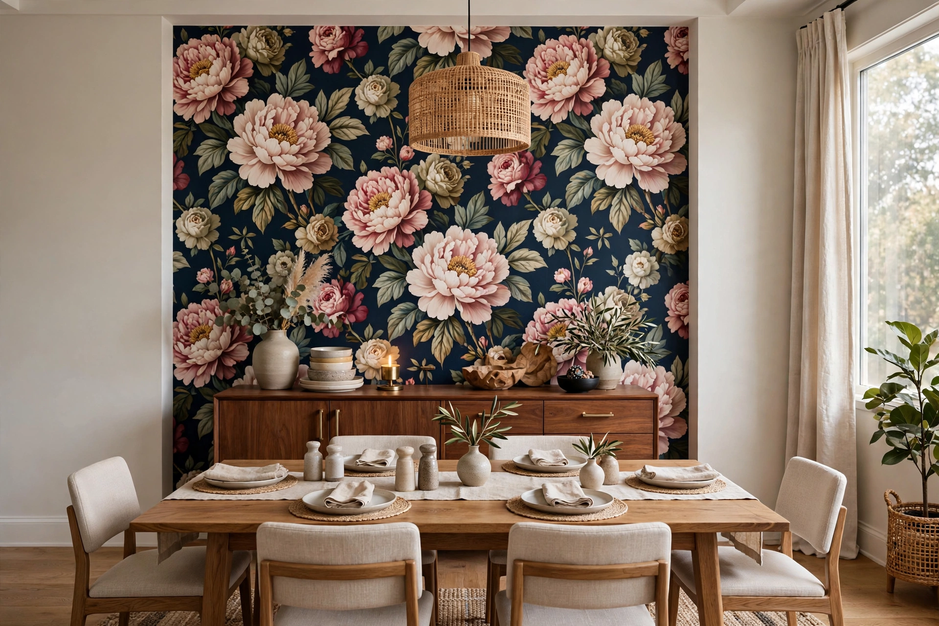 Dining Room With Bold Floral Wallpaper Accent Wall