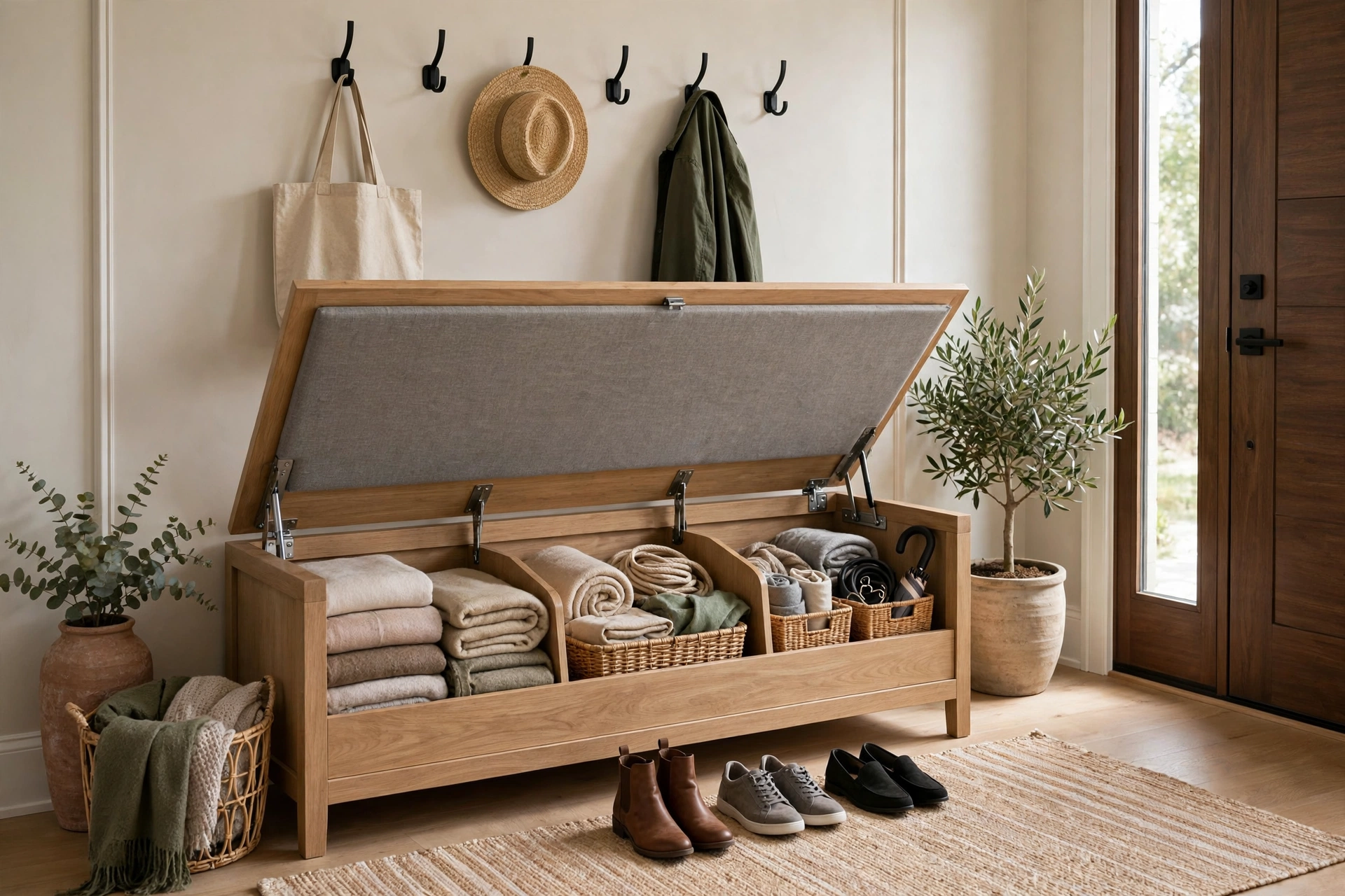 Storage Bench With Hidden Compartments In Entryway