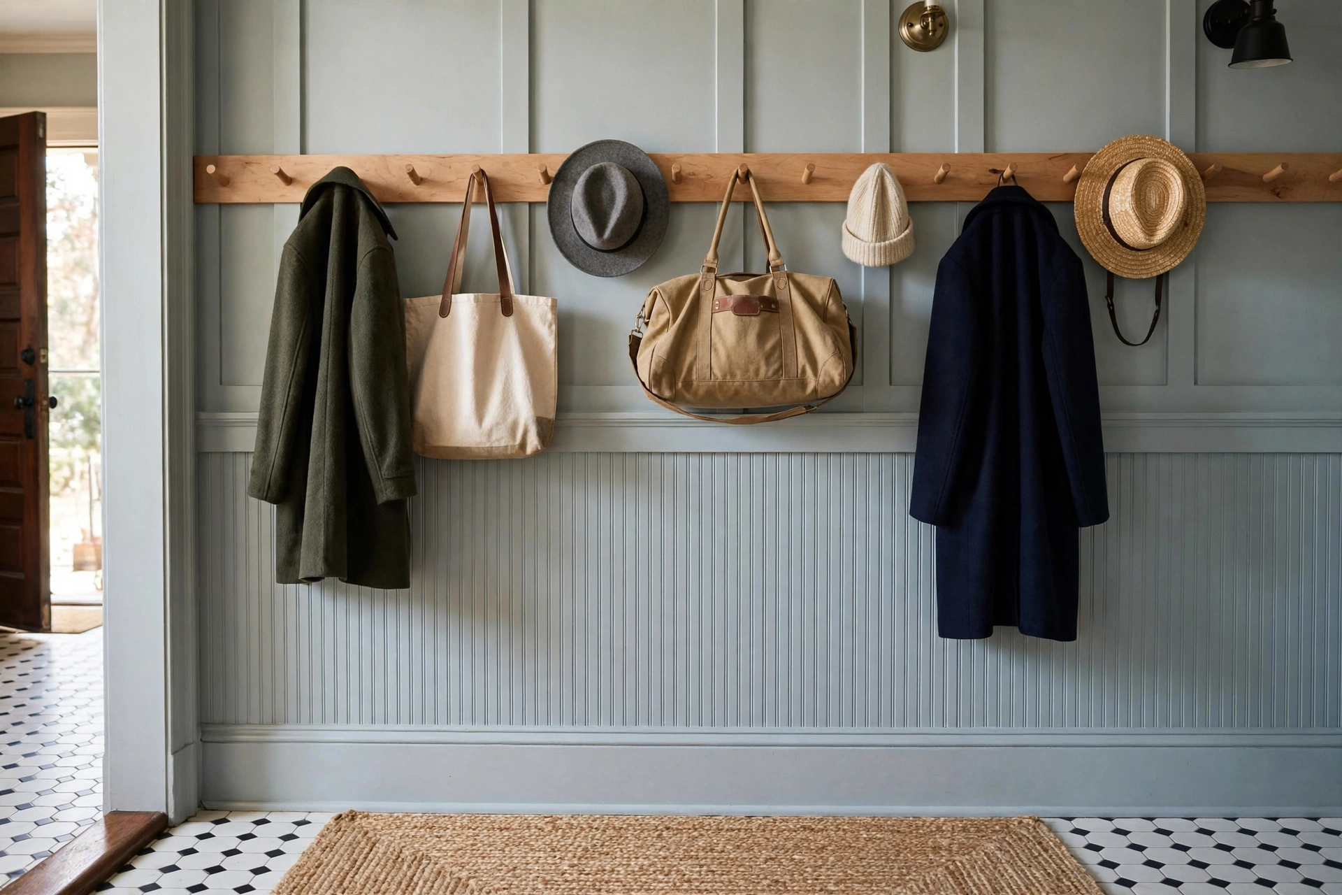 Shaker Style Peg Rail With Coats In Entryway