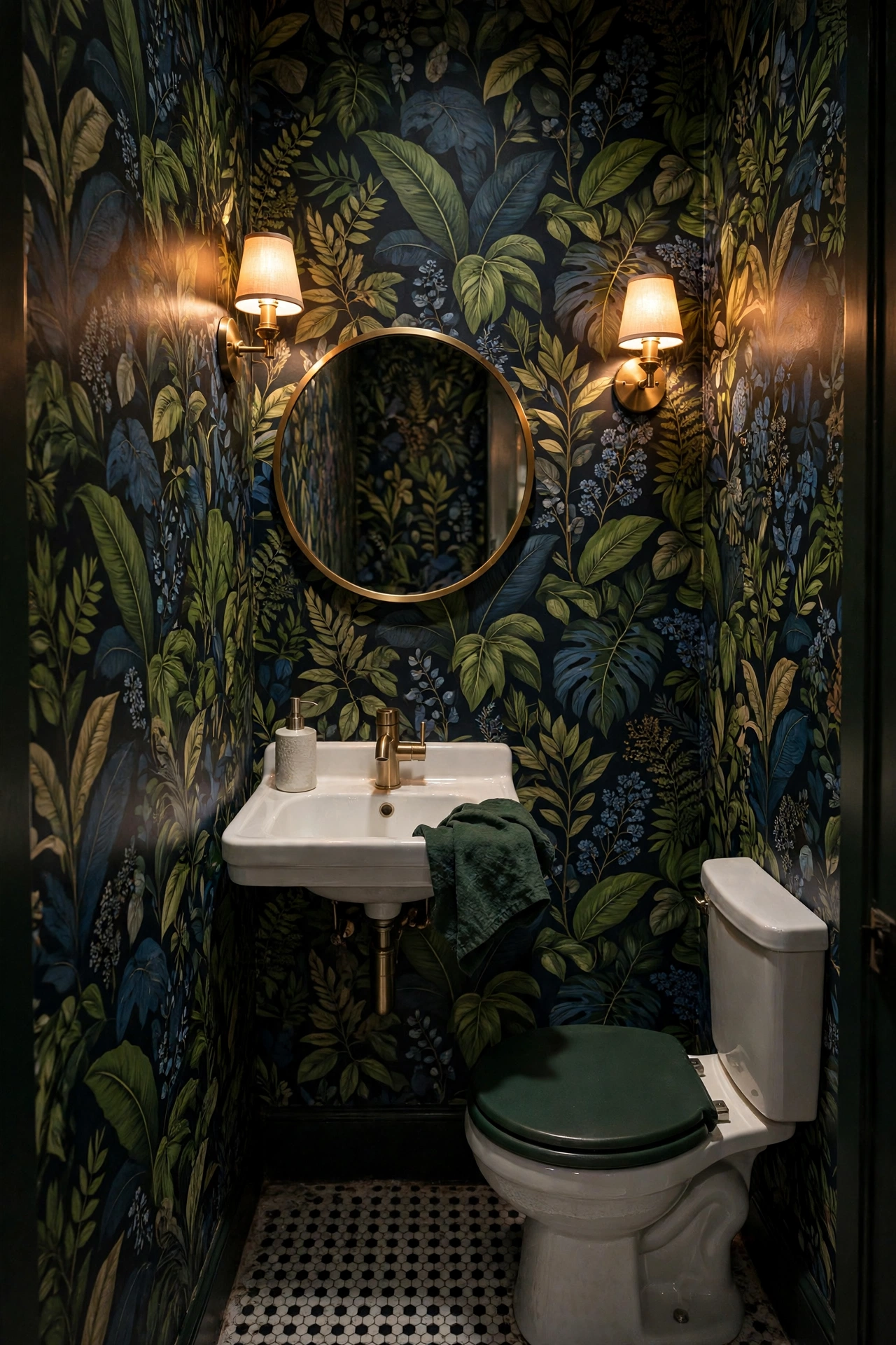 Half Bathroom With Bold Floral Wallpaper On Every Wall