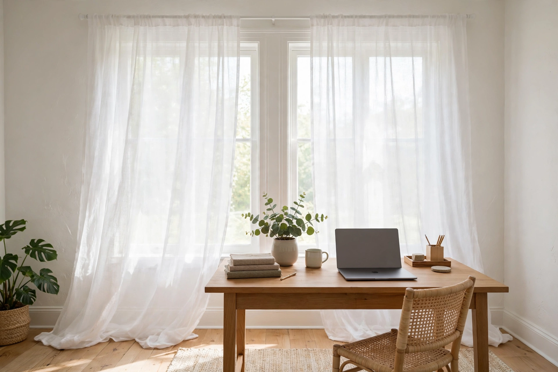 Sheer White Curtain Panels Softening Home Office Daylight