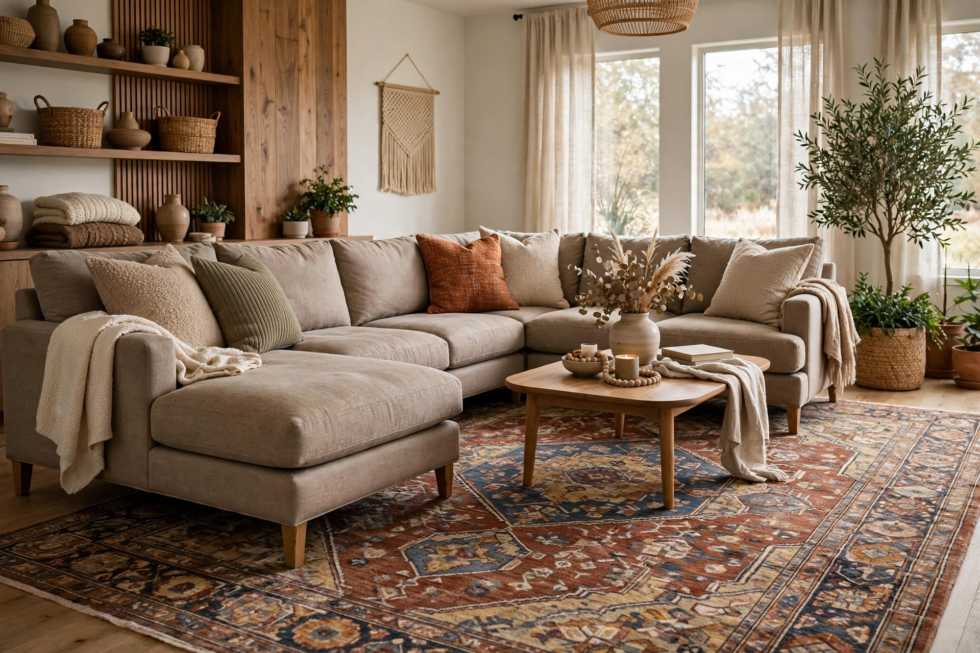 Sectional Sofa Anchored On An Oversized Area Rug