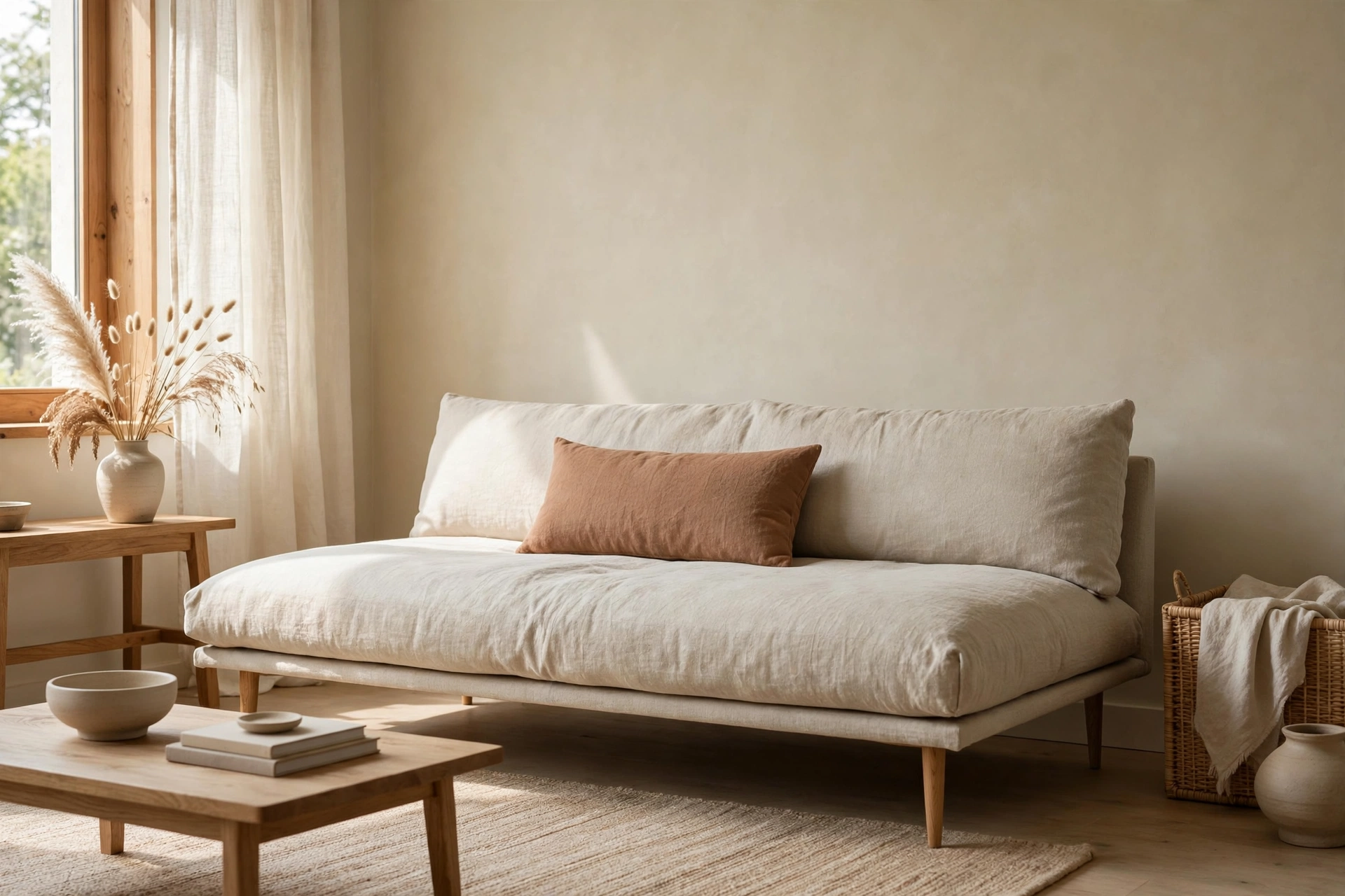 Low-profile oatmeal linen sofa with slim wooden legs in Japandi living room