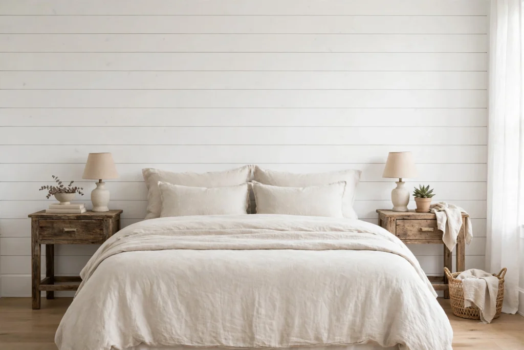 White shiplap accent wall behind a farmhouse bed with neutral linen bedding and wood nightstands