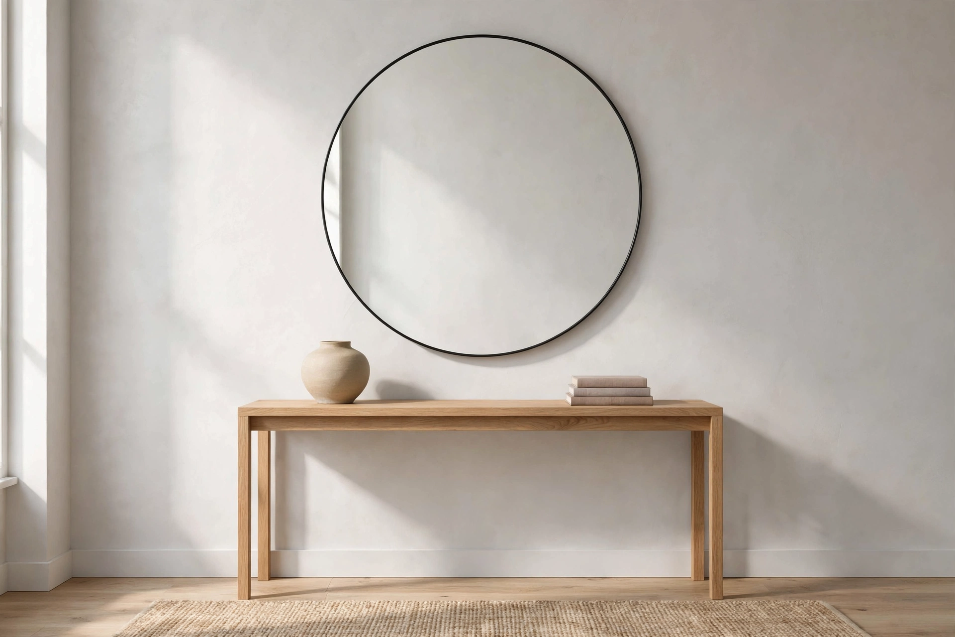 Console Table Styled Beneath A Large Round Statement Mirror