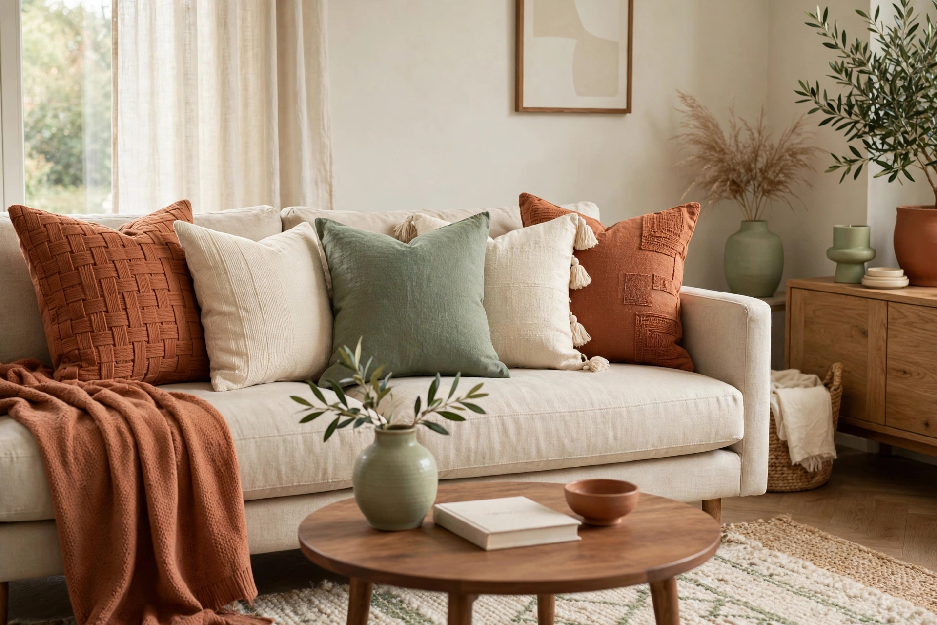 Throw Pillows Arranged In Three Coordinating Colors On Sofa