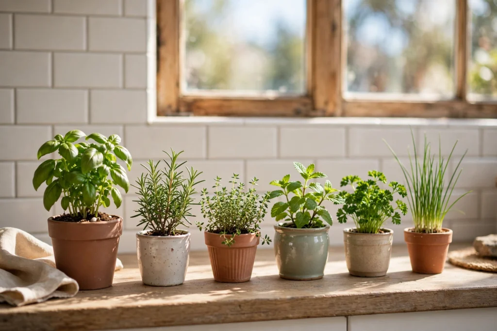 Small potted herbs lined up on a sunny kitchen windowsill