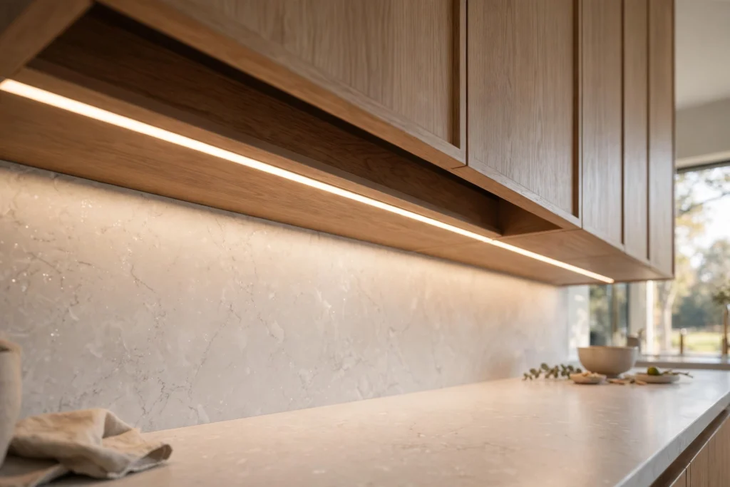 Continuous LED strip light casting an even glow under kitchen cabinets