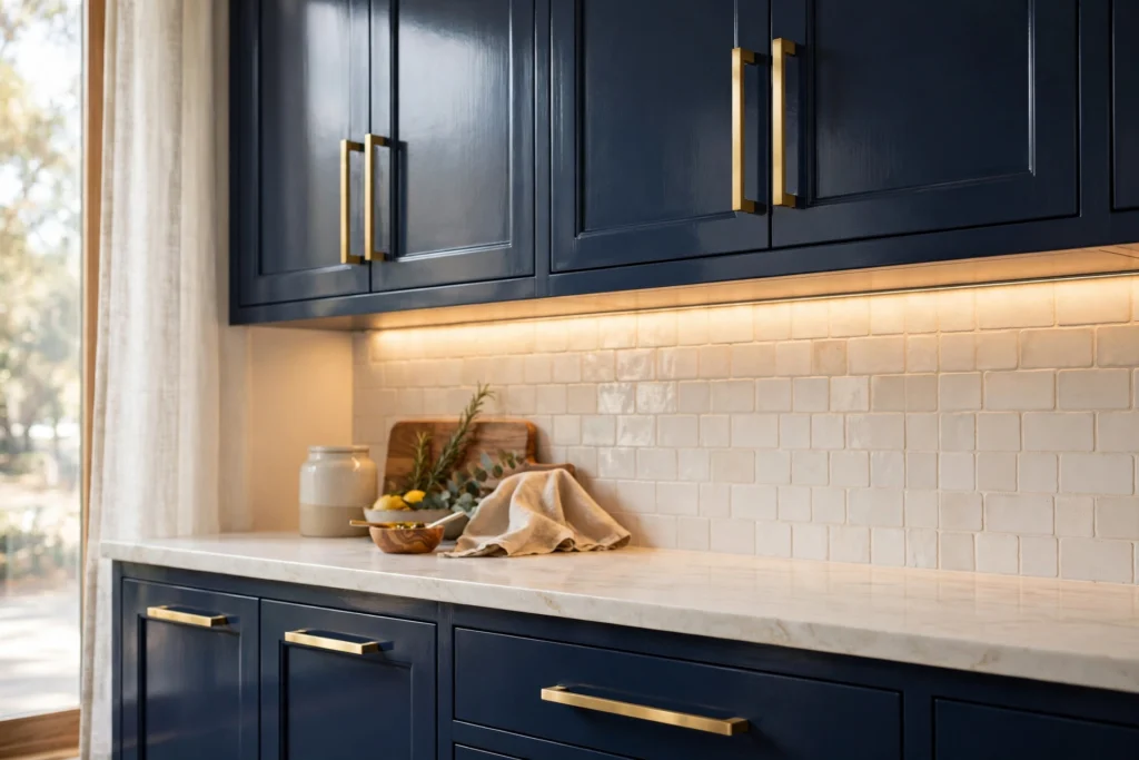 Brushed brass bar pulls on navy kitchen cabinets with warm under-cabinet lighting
