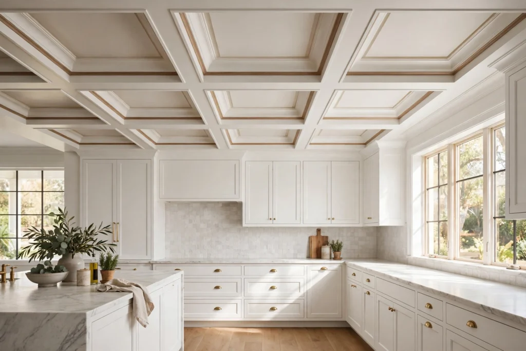 Coffered kitchen ceiling with recessed panels over white cabinetry
