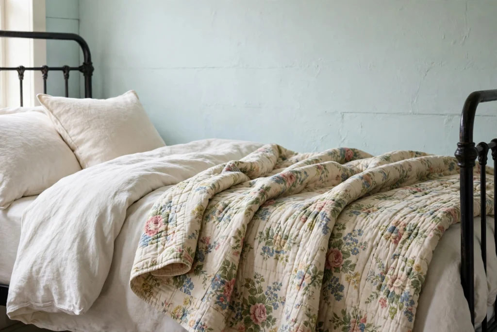 Iron bed dressed with a vintage floral quilt and layered pillows in a cottage bedroom