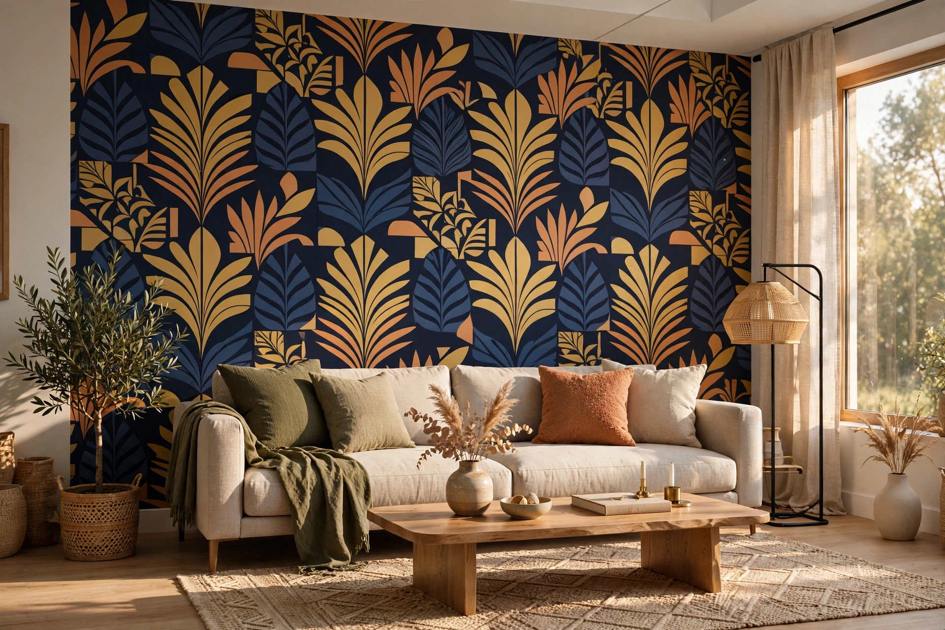 Bold patterned wallpaper accent wall behind a modern living room sofa