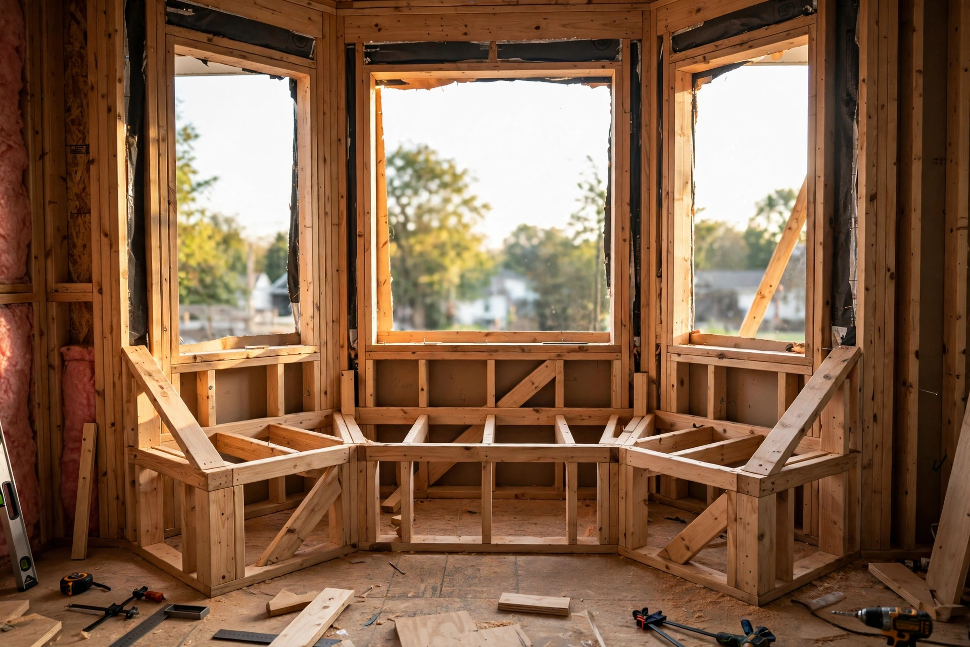Built-in bay window bench base with angled carpentry under living room windows