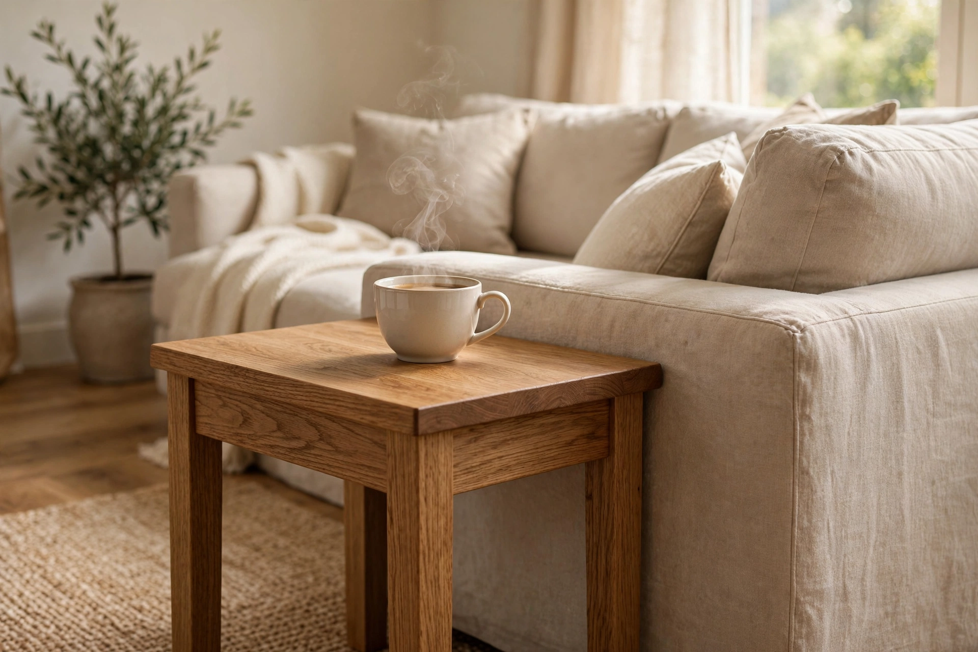 Wooden side table at correct height beside a sofa arm with a coffee cup on top