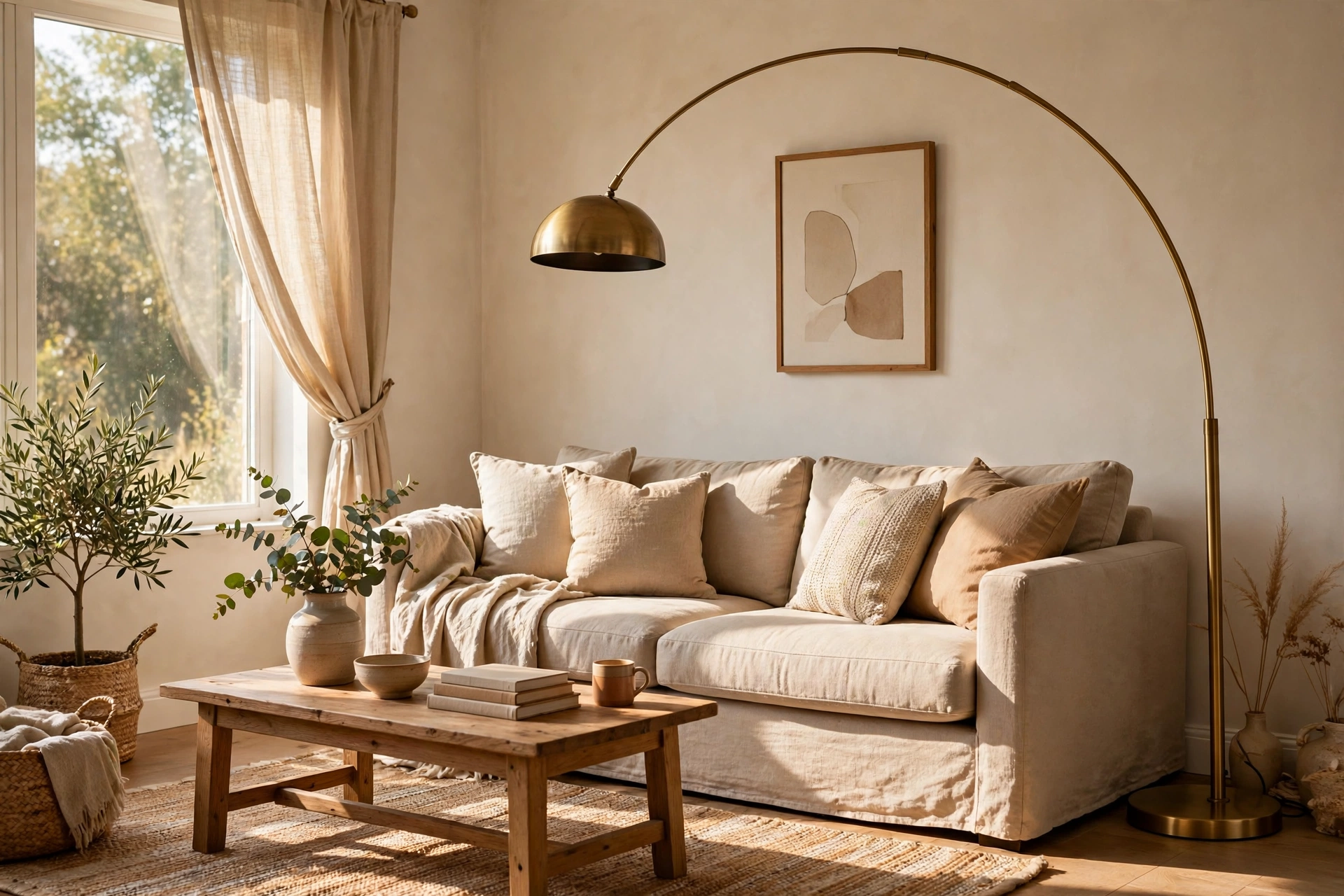 Brass arc floor lamp curving over a beige living room sofa