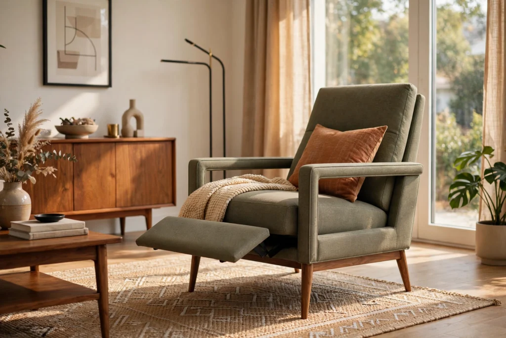 Slim modern recliner with track arms and tapered legs in a stylish living room
