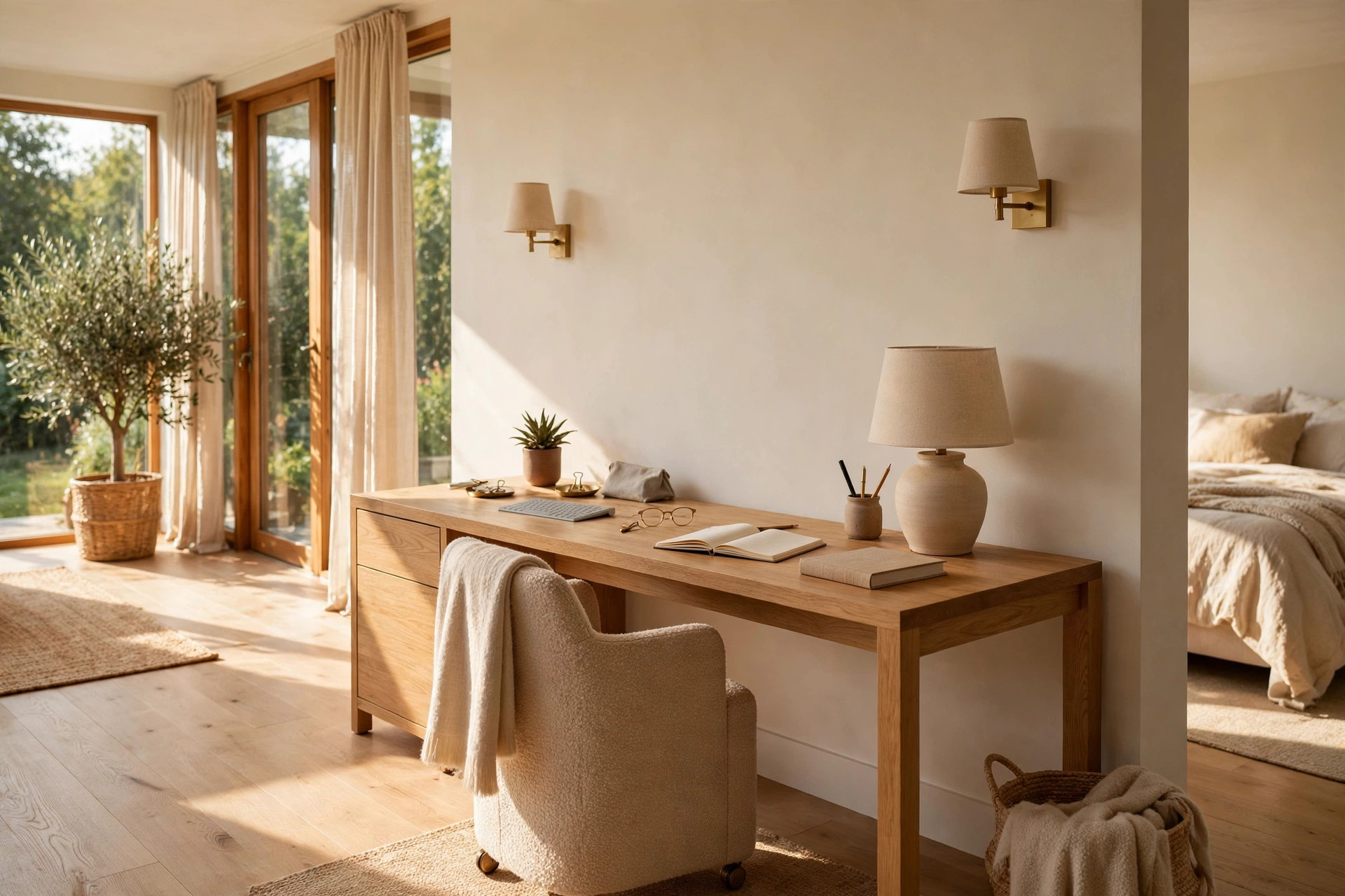 Bedroom desk positioned against the longest wall with clear walkway space around it