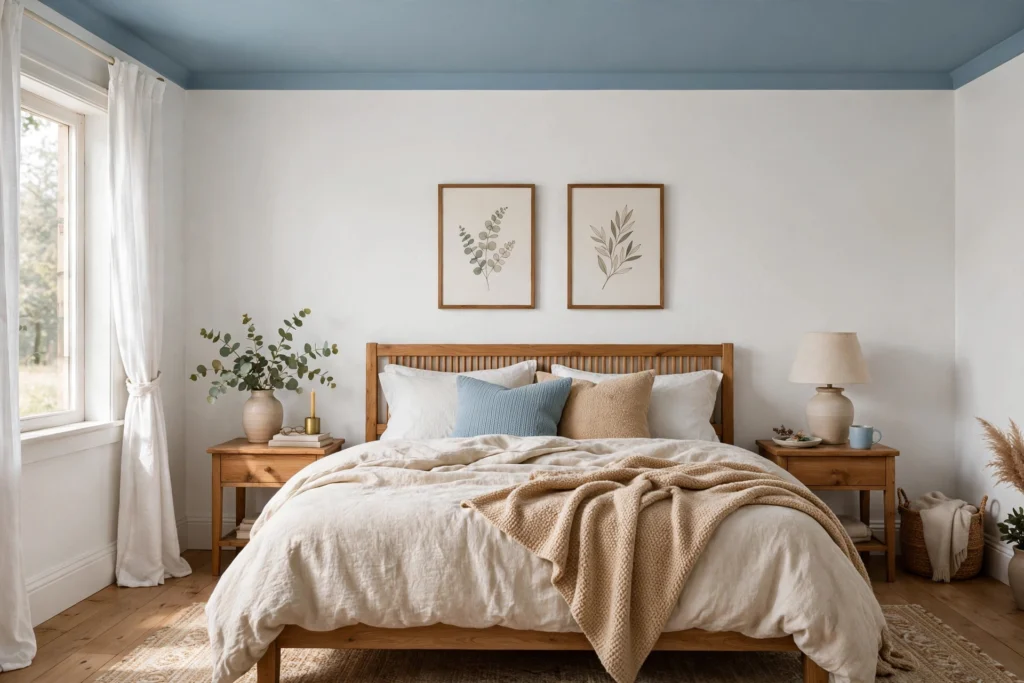 Bedroom with a soft blue painted ceiling and white walls above a cozy bed