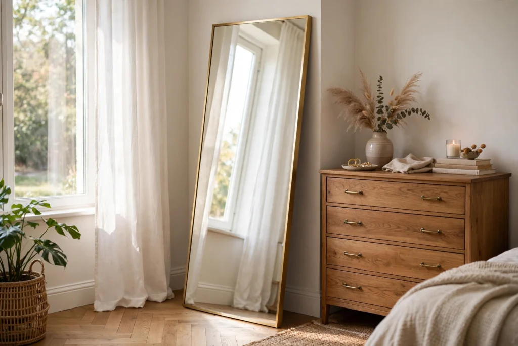 Tall full-length mirror leaning against a bedroom corner, angled to catch window light, with a dresser nearby