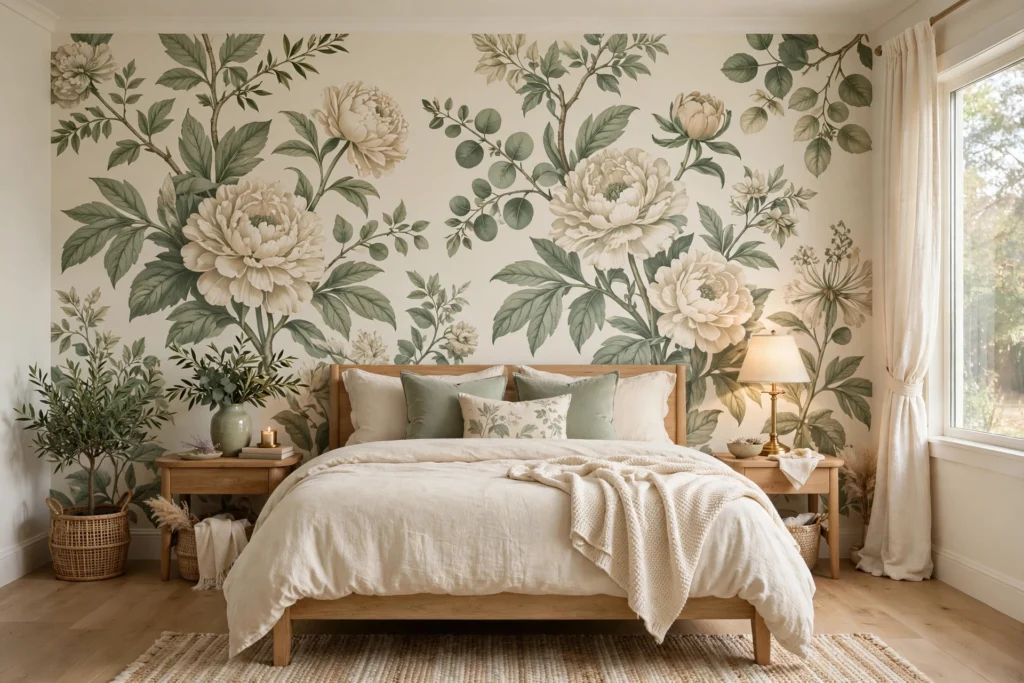 Bedroom with large-scale botanical floral wallpaper in sage and cream behind the bed